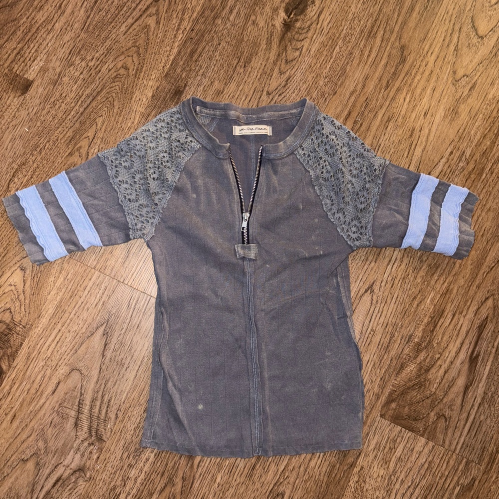 We The Free Gray Zip-Up with Blue Lace Detail